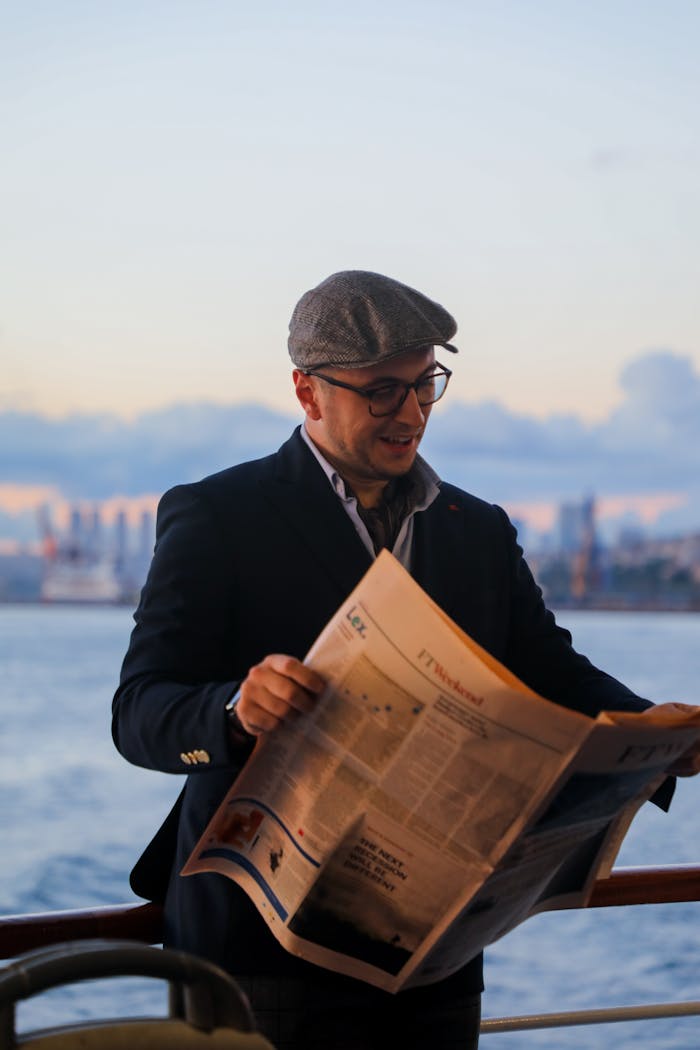 Casually dressed man reading a newspaper on a boat with city skyline backdrop at sunset.