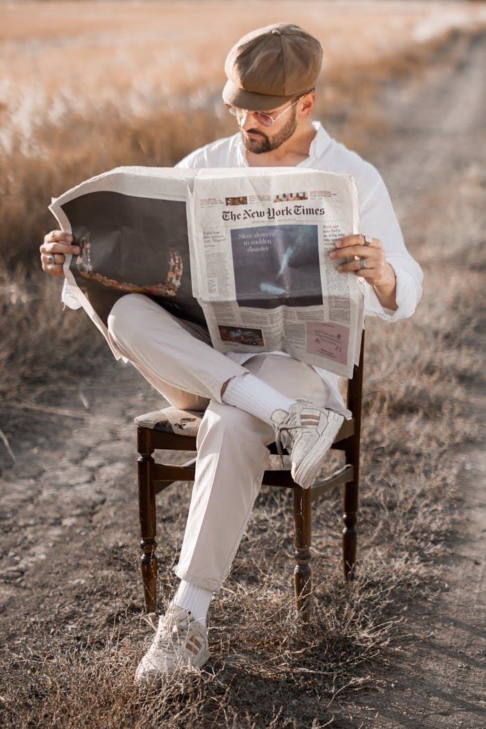 Man in casual attire sitting outdoors reading a newspaper in a sunny, rural setting.