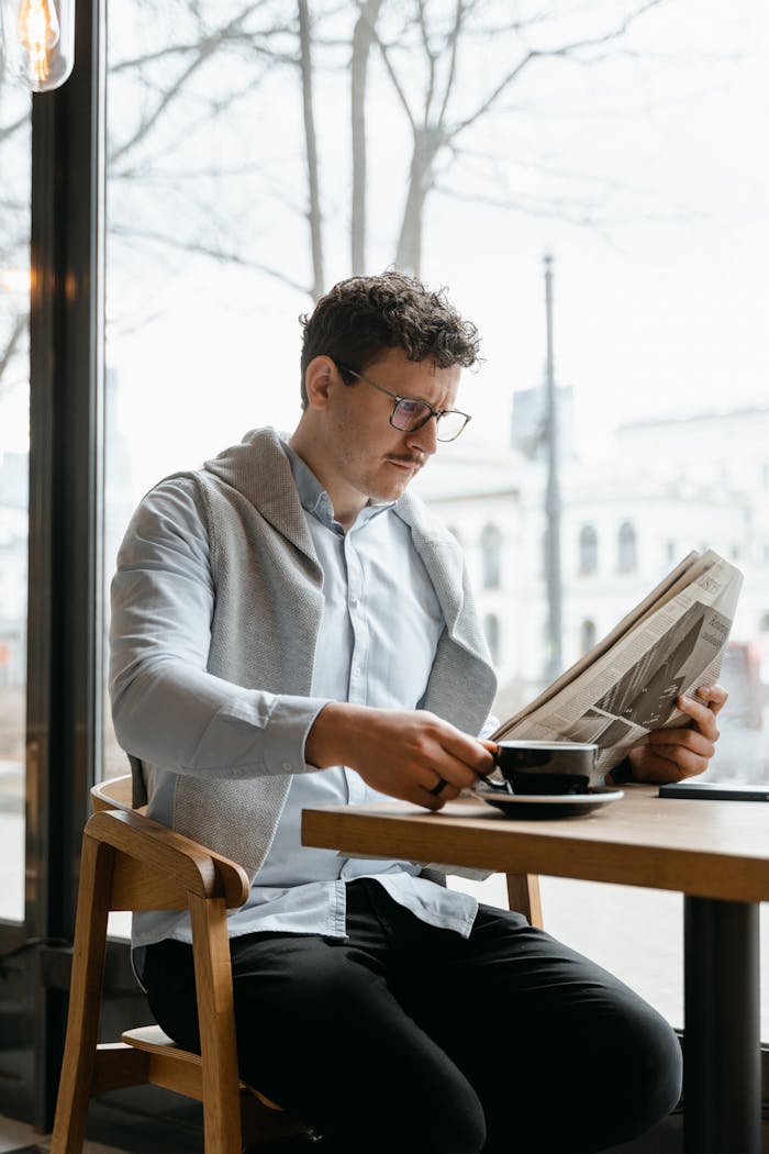 Adult man reading a newspaper while holding a coffee cup in a cozy cafe setting.